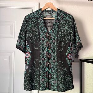 CITRON black green floral pleated textured short sleeve button up shirt blouse